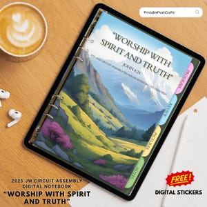 Puede incluir: Cuaderno digital con el texto "Worship with Spirit and Truth" y Juan 4:24. El cuaderno presenta una ilustración de paisaje y pestañas etiquetadas como Programa, Revisión, Imágenes y Notas. Incluye pegatinas digitales.