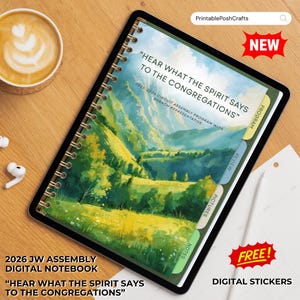 Könnte beinhalten: Digitales Notizbuch mit Landschaftsmalerei-Cover, mit dem Text "HEAR WHAT THE SPIRIT SAYS TO THE CONGREGATIONS". Enthält Registerkarten für Programm, Überprüfung, Bilder und Notizen. Das Notizbuch trägt die Bezeichnung "2026 JW Assembly Digital Notebook".