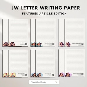 Puede incluir: Un conjunto de seis hojas de papel para escribir cartas imprimibles con ilustraciones de personas y texto relacionado con los Testigos de Jehová. El texto incluye "Paz en la Tierra, ¿Cómo Vendrá?", "Cómo Hacer Amigos Reales", "Cuidando Tu Salud Mental", "Cómo Lidiar Con El Estrés", "Esperando El Reino De Dios", y "PrintablePoshCrafts".