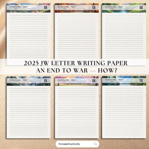 Puede incluir: Seis hojas de papel de escritura rayado con el texto "An End to War - How?" en la parte superior. El papel está etiquetado como "2025 JW Letter Writing Paper" y presenta un diseño de paisaje colorido. La esquina inferior derecha tiene el texto "PrintablePoshCrafts".