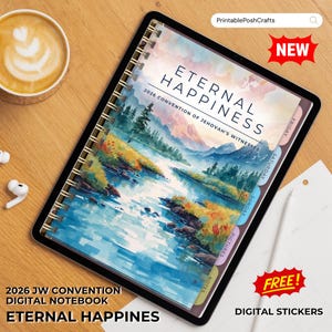 Könnte beinhalten: Digitales Notizbuch mit dem Titel "Eternal Happiness" für den Kongress 2026 der Zeugen Jehovas. Das Cover zeigt eine Aquarelllandschaft mit Fluss und Bergen. Enthält Registerkarten für Freitag, Samstag, Sonntag, Bilder und Notizen. Das Notizbuch ist mit "Neu" und "Kostenlos!" gekennzeichnet.