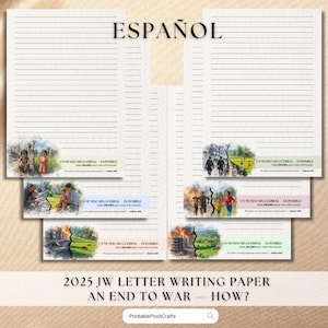 Puede incluir: Papel de escribir con líneas con la palabra "ESPAÑOL" en la parte superior. El papel incluye ilustraciones y el texto "2025 JW LETTER WRITING PAPER AN END TO WAR - HOW?" en la parte inferior. Ideal para escribir cartas.