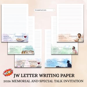 May include: JW letter writing paper with lined pages. The design includes invitations for the 2026 Memorial and Special Talk. The invitations feature watercolor illustrations of the Last Supper, a glass of wine, and Jesus. The word "NEW!" is also visible.