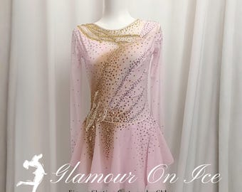 Pink-Gold Ombre Rhinestone-Encrusted  Figure Skating Performance Dress