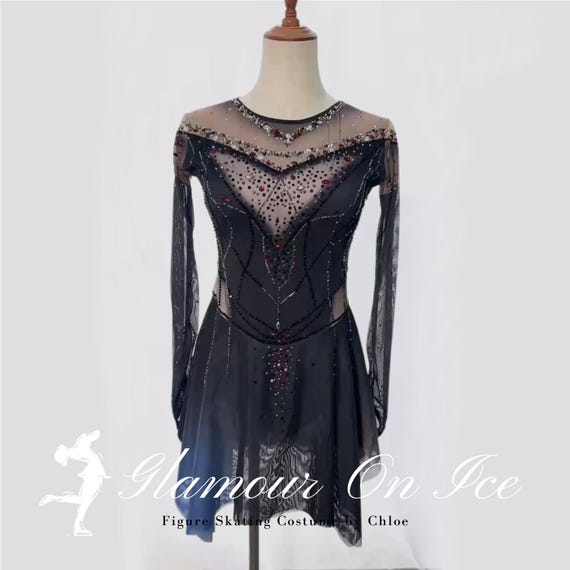 Black Crystal-embellished Figure Skating Dress With Sheer Long Sleeves &  Gradient Hem - Etsy