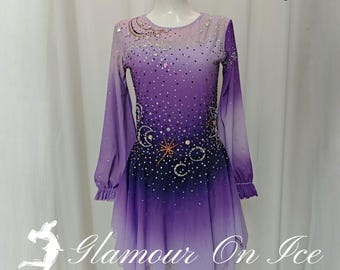 Purple Stars and Moon Gradient Figure Skating Dress: Custom Competition Ice Skater Costume