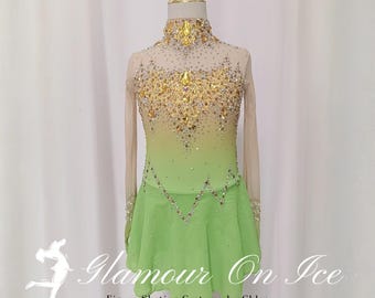 Gradietn Yellow Green Figure Skating Dress: Geometric Competition Costume
