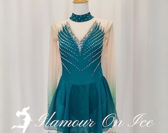 Green Elegant V-Neck Rhinestone Ice Skating Competition Costume with Multi Custom Color Options