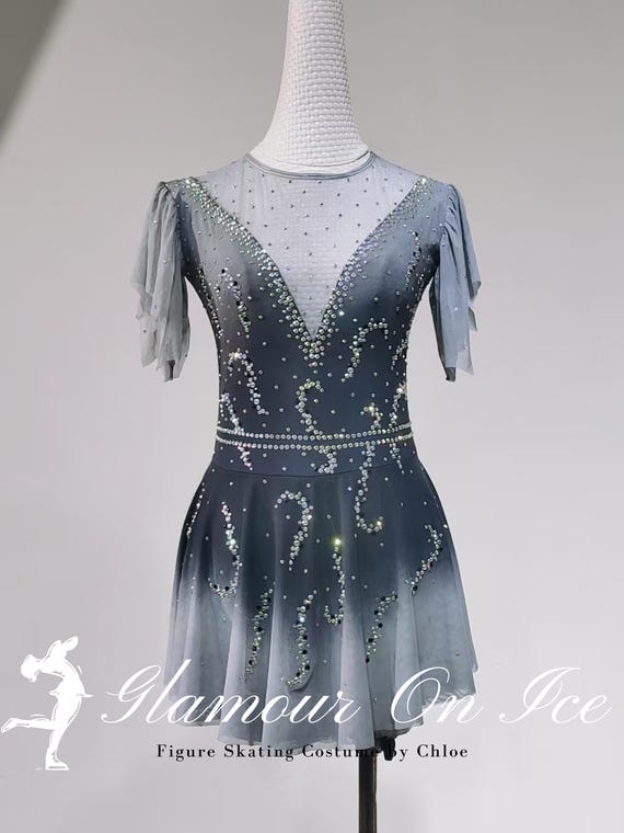 Grey-blue Ombre Rhinestone Ruffled Sleeve Backless Figure Skating  Performance Dress - Etsy UK