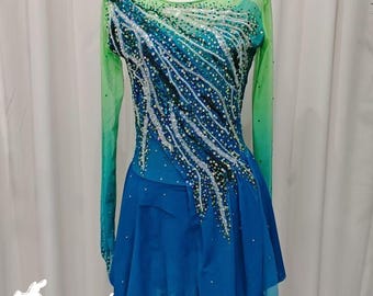 Artistic Streamline Rhinestone Green-Blue Ombre Figure Skating Dress