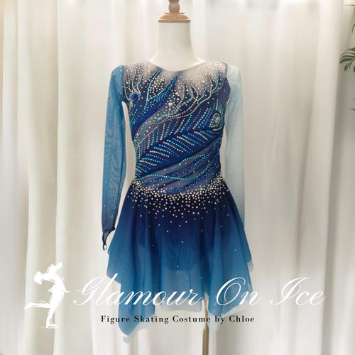 Robe performance de patinage artistique bleu dégradé à manches longues et plumes de paon incrustées de strass