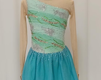 Gradient Blue Green Figure Skating Dress: Geometric Competition Costume