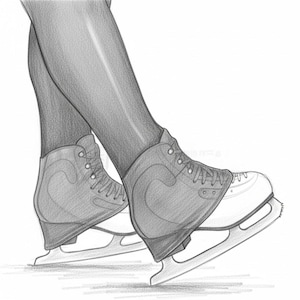 May include: Pencil sketch of a person's legs crossed at the ankles, wearing ice skates. The skates are white with dark grey boots and silver blades. The legs are shaded in grey, suggesting movement and the sport of figure skating.