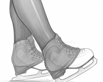 Peut inclure: Dessin au crayon des jambes d'une personne croisées aux chevilles, portant des patins à glace. Les patins sont blancs avec des bottes gris foncé et des lames argentées. Les jambes sont ombragées en gris, suggérant le mouvement et le patinage artistique.