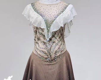 Vintage-Inspired Neutral Tone Figure Skating Dress with Rhinestones & Ruffles