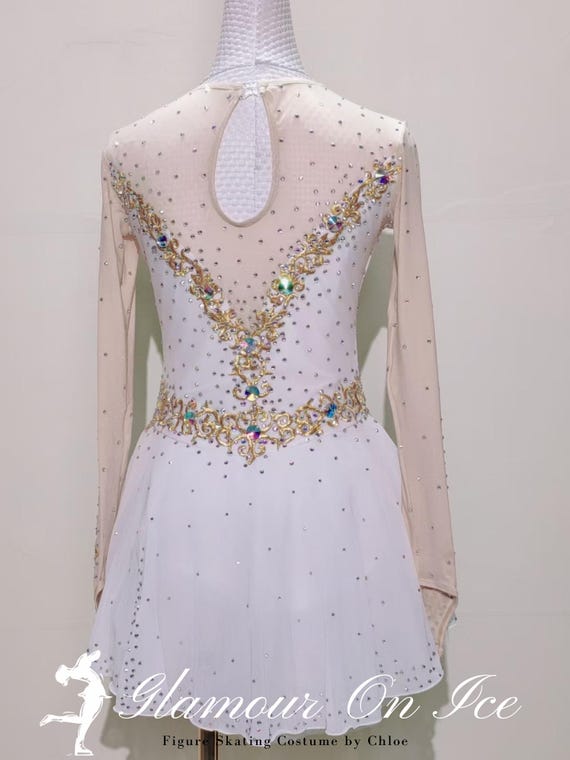 white and gold figure skating dress Custom Dance Costumes