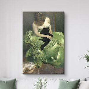 Woman in Green Dress with Black Cat Print, John White Alexander Poster, Victorian Dress, Woman Portrait Canvas, Giclee Wall Art, Vintage Art