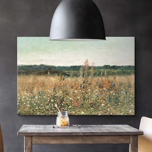 Vintage Wildflowers Field Canvas, Wildflowers Field Prints, Neutral Tones Poster, Summer Meadow Landscape Painting, French Country Wall Art