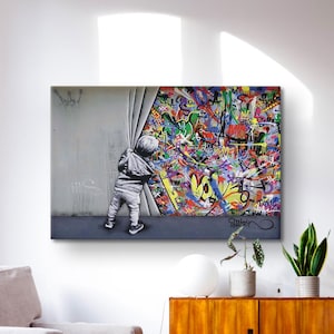 Banksy hinter dem Vorhang Leinwand, Banksy Wandkunst, Graffiti Streetart, Banksy Vorhang Junge Druck, Pop Art Leinwand, extra große Wandkunst