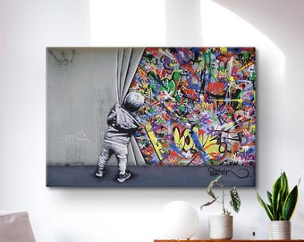 Arte Callejero CláSico Banksy Graffiti Arte De La Pared DetráS De La Cortina Poster Pinturas En Lienzo Graffiti Colorido Cuadros Impresiones Sala De Estar Decoracion Para El Hogar Sin Marco 40×60cm