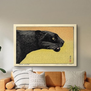 Black Panther by Toshi Yoshida Canvas, Panther Poster, Ukiyo-e Print, Japanese Wall Art, Japanese Animal Art, Black Cat Decor, Animal Art
