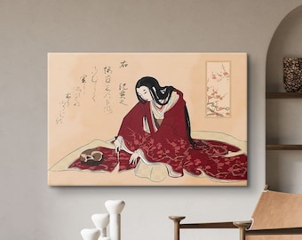 Impresión de geisha con gato cortando kimono, lienzo de geisha japonesa, póster de gato cortando kimono, póster de museo, xilografía, arte japonés