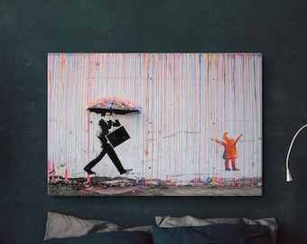 バンクシーの傘男のキャンバスアート：虹の雨と少女のグラフィティ