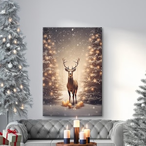 Christmas Reindeer Poster, Vintage Christmas Art Print, Santa&#39;s Deer Canvas, Christmas Wall Art, Winter Holiday Decor, Christmas Gifts