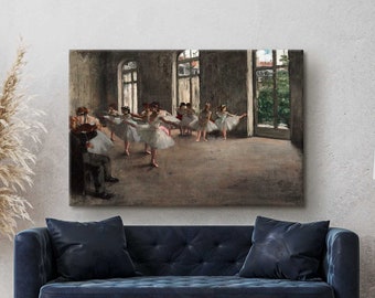 May include: A painting of a ballet class in a large, airy room with tall windows. The dancers are wearing white tutus and are practicing their moves. The painting is in a muted color palette, with shades of gray, brown, and white.