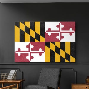 Impresión de la bandera de Maryland, lienzo del estado de Maryland, póster de viaje, decoración geométrica de pared, arte de Baltimore, banderas de los estados de Estados Unidos, regalos regionales