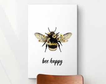 Bee Happy Wall Art, Bumble Bee Print, Bee Kind, Bee Yourself, Inspirational Quote, Bee Lover Gift, Motivation Quotes, Clip Sayings Poster
