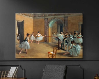 May include: A painting depicting a ballet class in a large room with a yellow wall, a group of dancers in white tutus, and a group of musicians in the background.