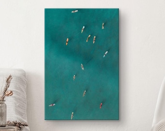 Aerial Surfers Poster, Surf Print, Aesthetic Coastal Canvas, Beach Photography, Surfboard Wall Art, Beachy Room Decor, Surfers Gifts