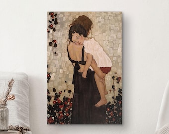May include: A painting of a woman holding a young child in her arms. The woman is wearing a black dress and the child is wearing a white dress. The painting is set against a background of flowers.