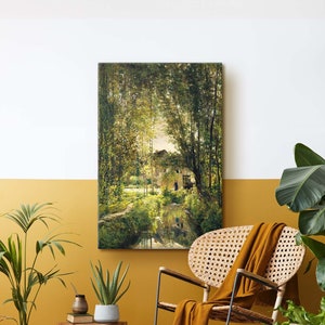 Lienzo de pintura al óleo campestre, póster de pintura de río en un bosque de verano, impresión de paisaje vintage con un arroyo iluminado por el sol, arte de pared rústico de granja