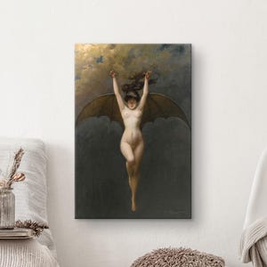Bat Woman autorstwa Alberta Josepha Penota, plakat Alberta Josepha Penota, płótno, gotycka sztuka wampirów, dekoracje na Halloween, plakat czarownic, wydruk Dark Academia