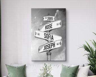 Personalized Name Street Sign Poster, Custom Name Direction Sign Print, Intersection, Family Names Date of Birth Sign Canvas, Family of 3