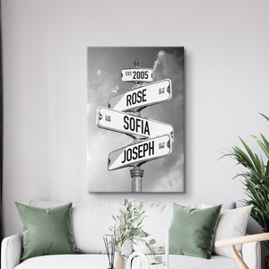 May include: Black and white canvas print featuring a street sign with the names "Rose", "Sofia", and "Joseph" and the year "Est. 2005".