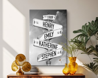 Personalized Family Names Street Sign Poster, Custom Name Direction Sign Print, Gift For Family of 4, Family Names Date of Birth Sign Canvas