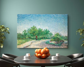 May include: A dining room table with four black chairs, a bowl of oranges, and a painting of a park scene on the wall.