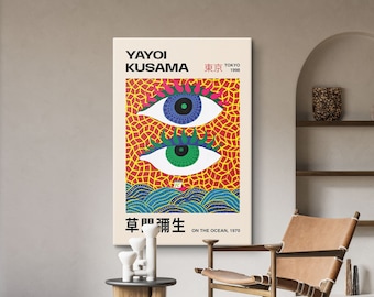 Yayoi Kusama Print, Yayoi Kusama On The Ocean Poster, Japanese Art Canvas, Exhibition Posters, Kusama Eyes Art Print, Gallery Wall Set