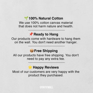 May include: A graphic with text that says "100% Natural Cotton", "Ready to Hang", "Free Shipping", and "Happy Reviews". The graphic also includes icons of a plant, a push pin, a box, and a star.