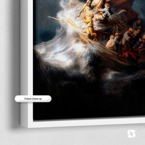 May include: A painting depicting a ship caught in a raging storm. The ship is tossed about by the waves, and the people on board are struggling to stay afloat. The sky is dark and stormy, and the sea is churning with whitecaps. The painting is a dramatic depiction of the power of nature.