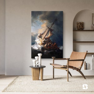 May include: A painting of a ship caught in a storm, with a dramatic sky and waves. The ship is filled with people, and the scene is full of action and movement.