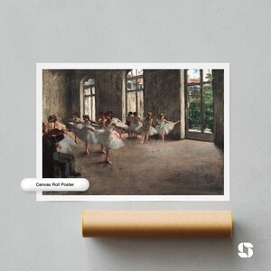 May include: A vintage-style painting of a ballet class in a large, airy room with tall windows. The dancers are wearing white tutus and are practicing their moves. A man in a dark suit is playing the violin in the foreground. The painting is in a muted color palette, with shades of gray, brown, and white.