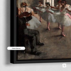 May include: A painting depicting a group of ballerinas in a dance studio. The ballerinas are wearing white tutus and are in various poses. A man in a dark suit is playing the violin in the foreground. The painting is done in a realistic style and has a warm color palette.