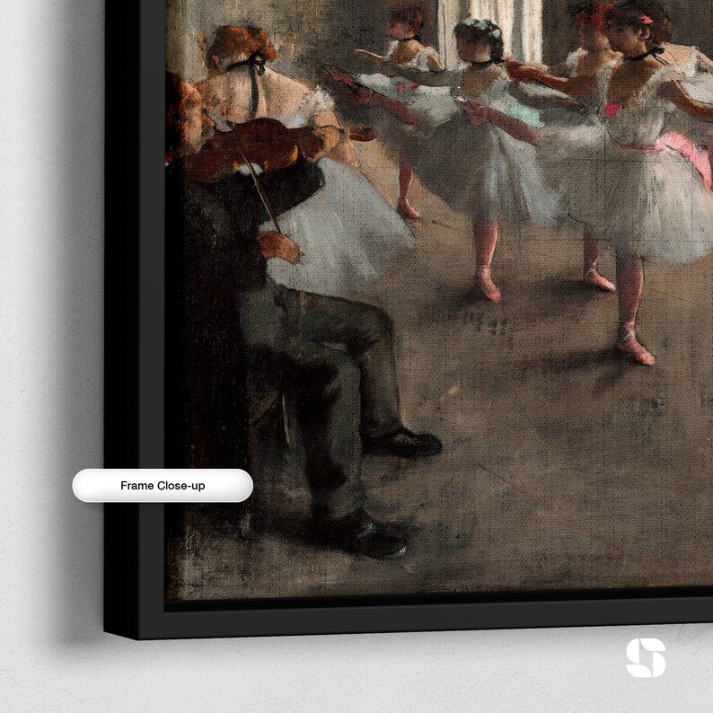 May include: A painting depicting a group of ballerinas in a dance studio. The ballerinas are wearing white tutus and are in various poses. A man in a dark suit is playing the violin in the foreground. The painting is done in a realistic style and has a warm color palette.