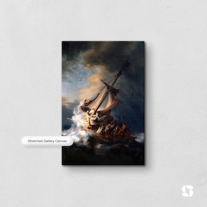 May include: A stretched gallery canvas print of a famous painting depicting a ship caught in a stormy sea. The ship is being tossed about by the waves, and the sky is dark and stormy. The painting is a classic example of Dutch Golden Age art.