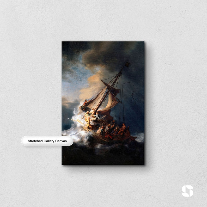 May include: A stretched gallery canvas print of a famous painting depicting a ship caught in a stormy sea. The ship is being tossed about by the waves, and the sky is dark and stormy. The painting is a classic example of Dutch Golden Age art.