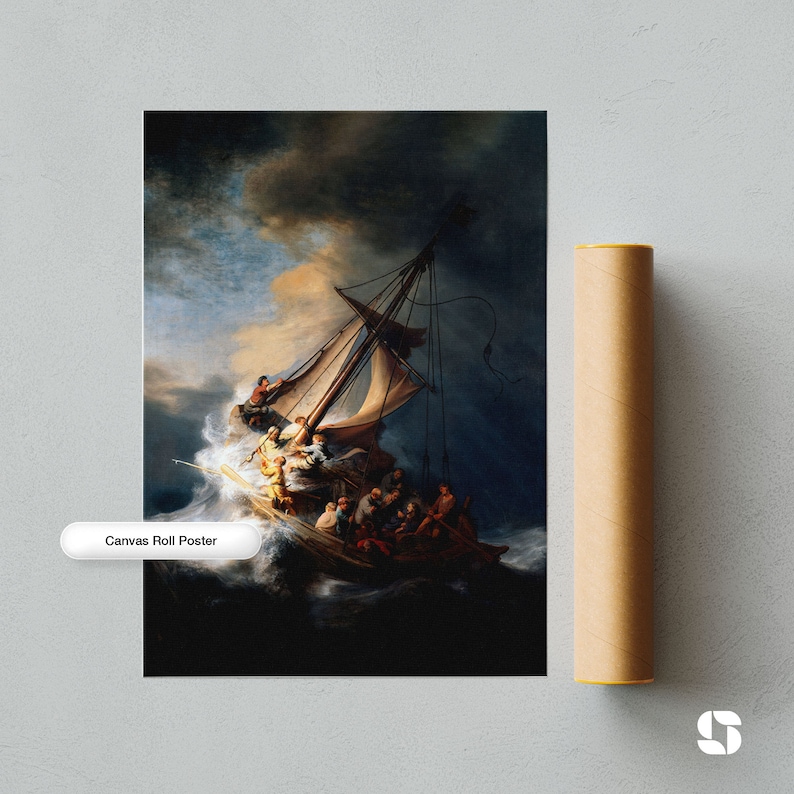 May include: A canvas roll poster featuring a painting of a ship caught in a stormy sea. The ship is being tossed about by the waves, and the sky is dark and stormy. The painting is in a dark, dramatic style, with a focus on the power of nature.